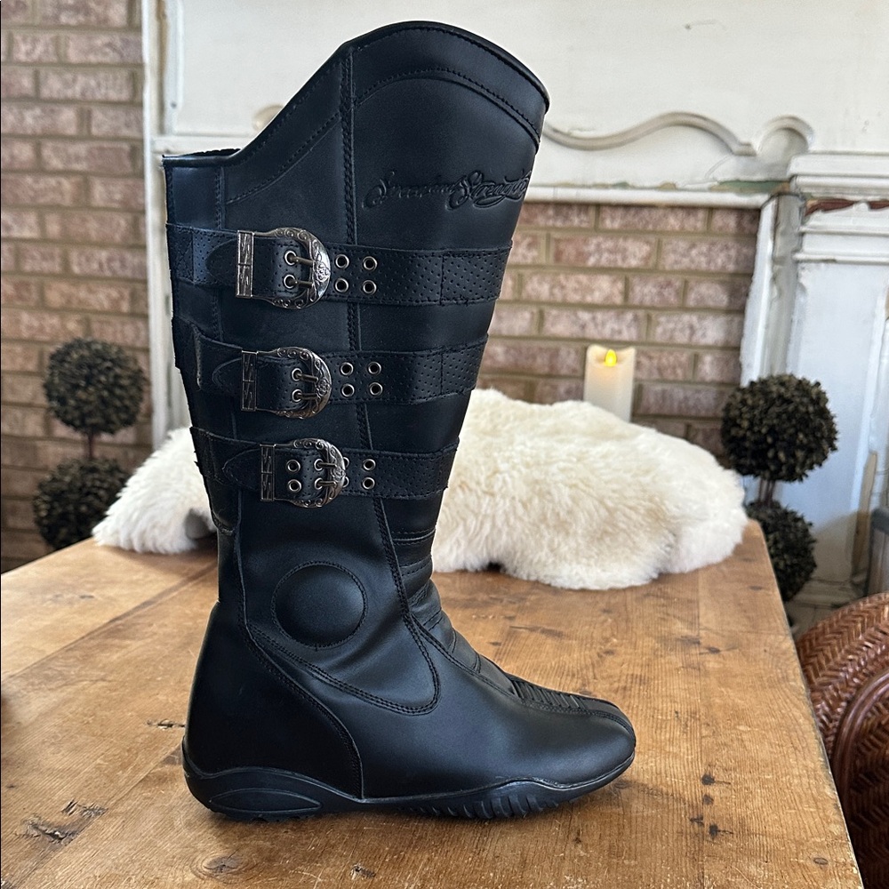 SPEED & STRENGTH BLACK LEATHER MOTOR CYCLE BOOTS BUCKLE 9 WOMEN